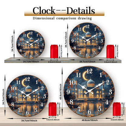 Illuminated Mosque Crescent Moon Wall Clock, Round Islamic Architecture Décor, Decorative Quartz Clock in 10–16 Inch Sizes - product view 3