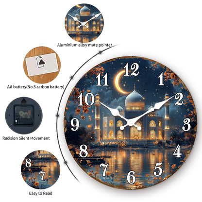 Illuminated Mosque Crescent Moon Wall Clock, Round Islamic Architecture Décor, Decorative Quartz Clock in 10–16 Inch Sizes - product view 4