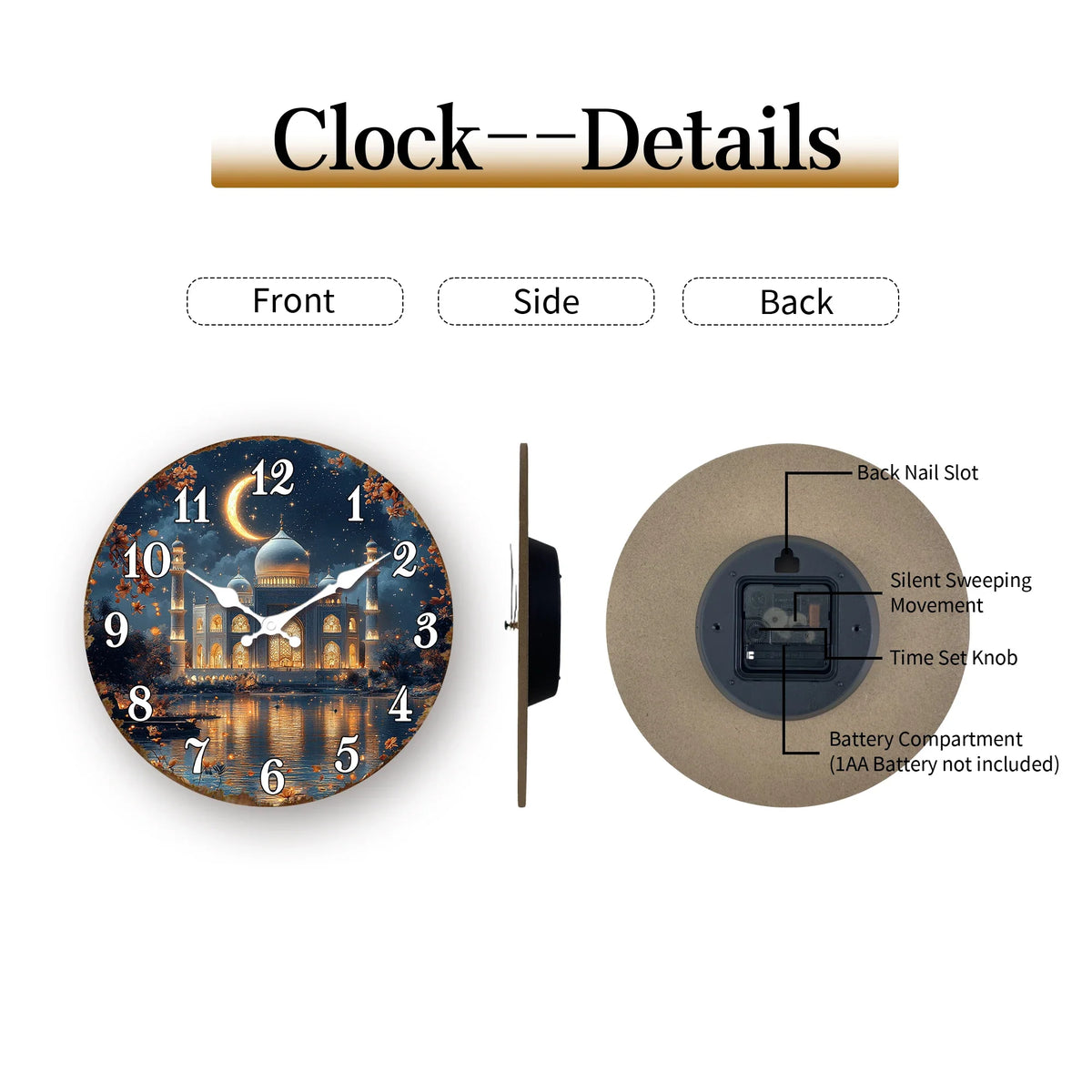Illuminated Mosque Crescent Moon Wall Clock, Round Islamic Architecture Décor, Decorative Quartz Clock in 10–16 Inch Sizes - product view 5