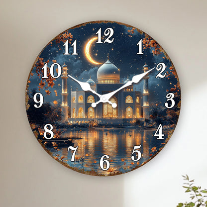 Illuminated Mosque Crescent Moon Wall Clock, Round Islamic Architecture Décor, Decorative Quartz Clock in 10–16 Inch Sizes - product view 6