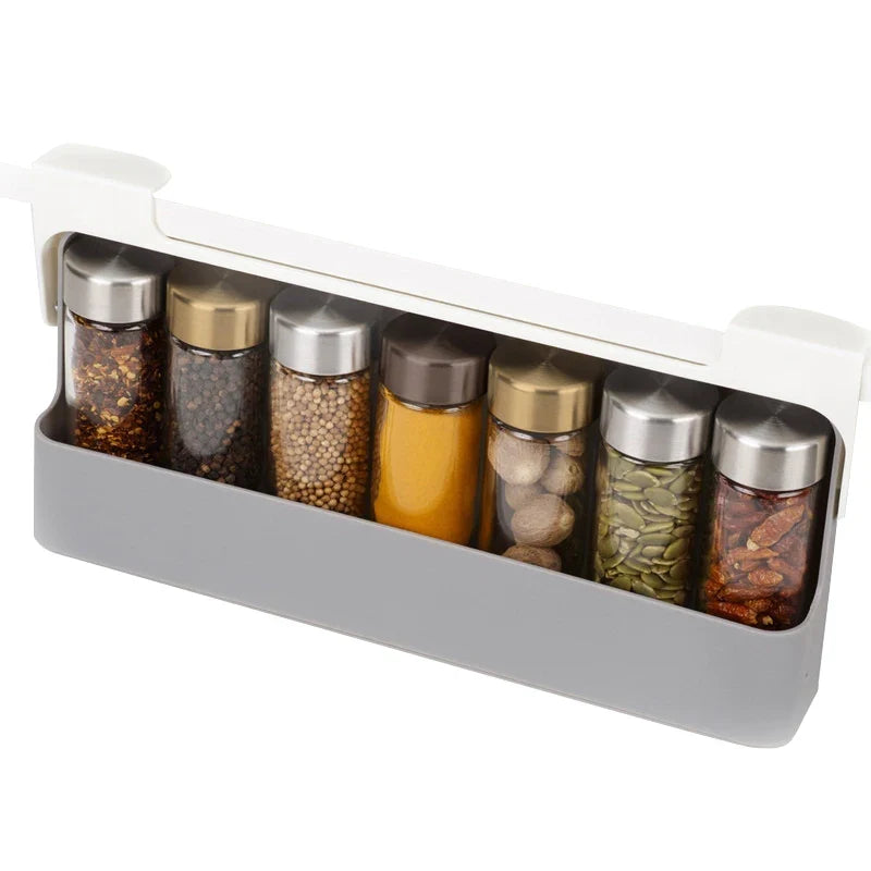 Spice Rack, Self-Adhesive Wall-Mounted Under-Shelf Organizer with 6 Seasoning Bottles, Plastic Kitchen Storage - product view 1