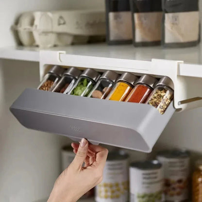 Spice Rack, Self-Adhesive Wall-Mounted Under-Shelf Organizer with 6 Seasoning Bottles, Plastic Kitchen Storage - product view 2