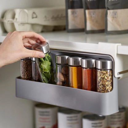 Spice Rack, Self-Adhesive Wall-Mounted Under-Shelf Organizer with 6 Seasoning Bottles, Plastic Kitchen Storage - product view 3