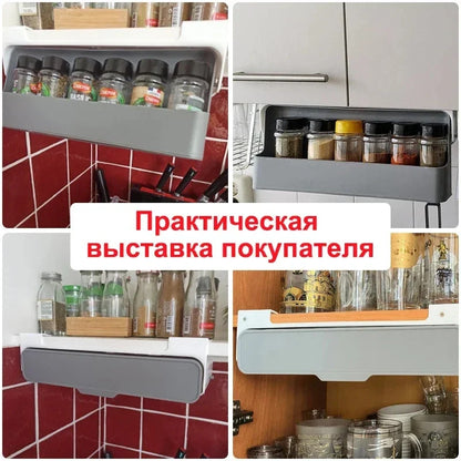 Spice Rack, Self-Adhesive Wall-Mounted Under-Shelf Organizer with 6 Seasoning Bottles, Plastic Kitchen Storage - product view 6