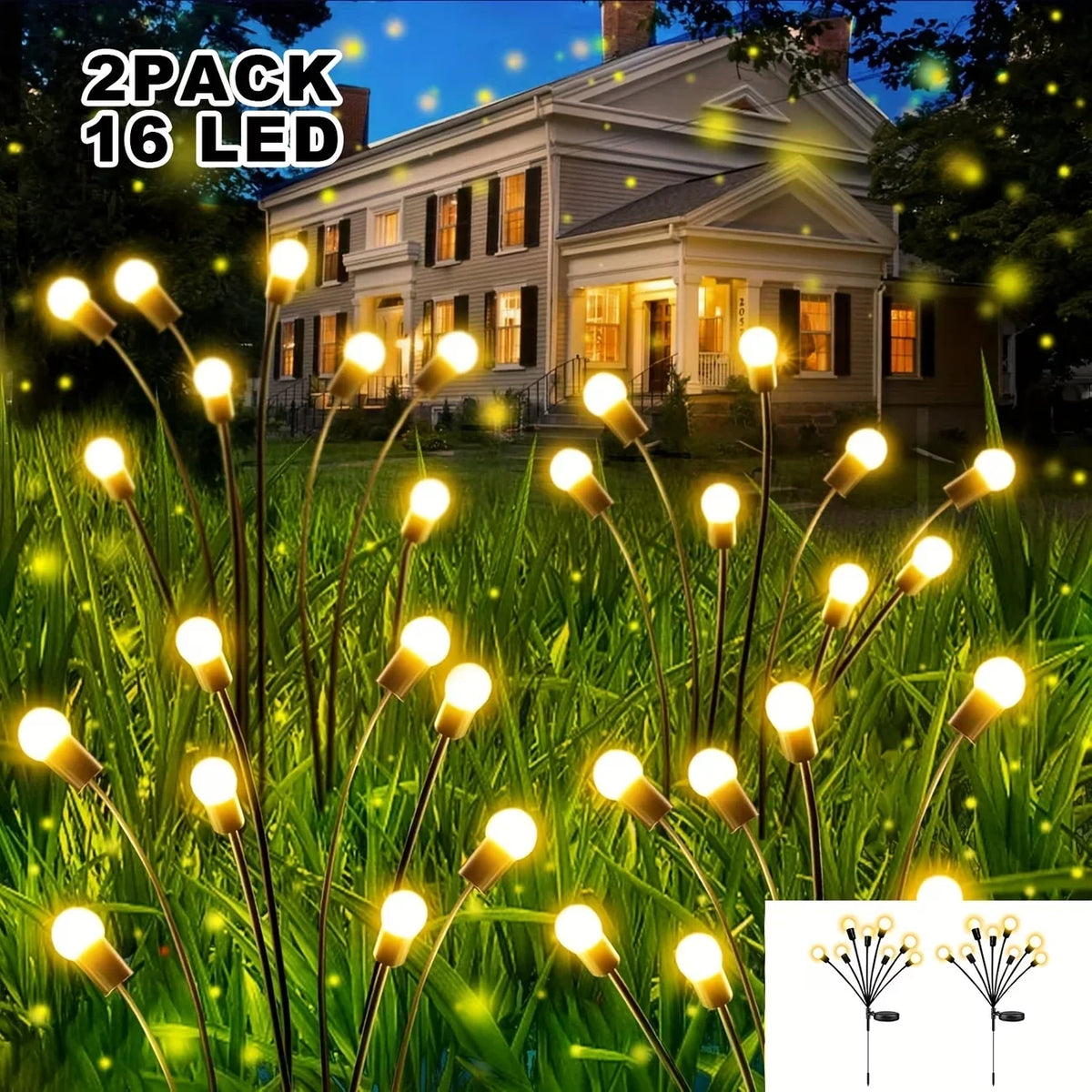 Solar Firefly Garden Lights, 2-Pack 16-LED Warm White Swaying Decorative Lights for Patio, Pathway, Yard and Holiday Displays - product view 1