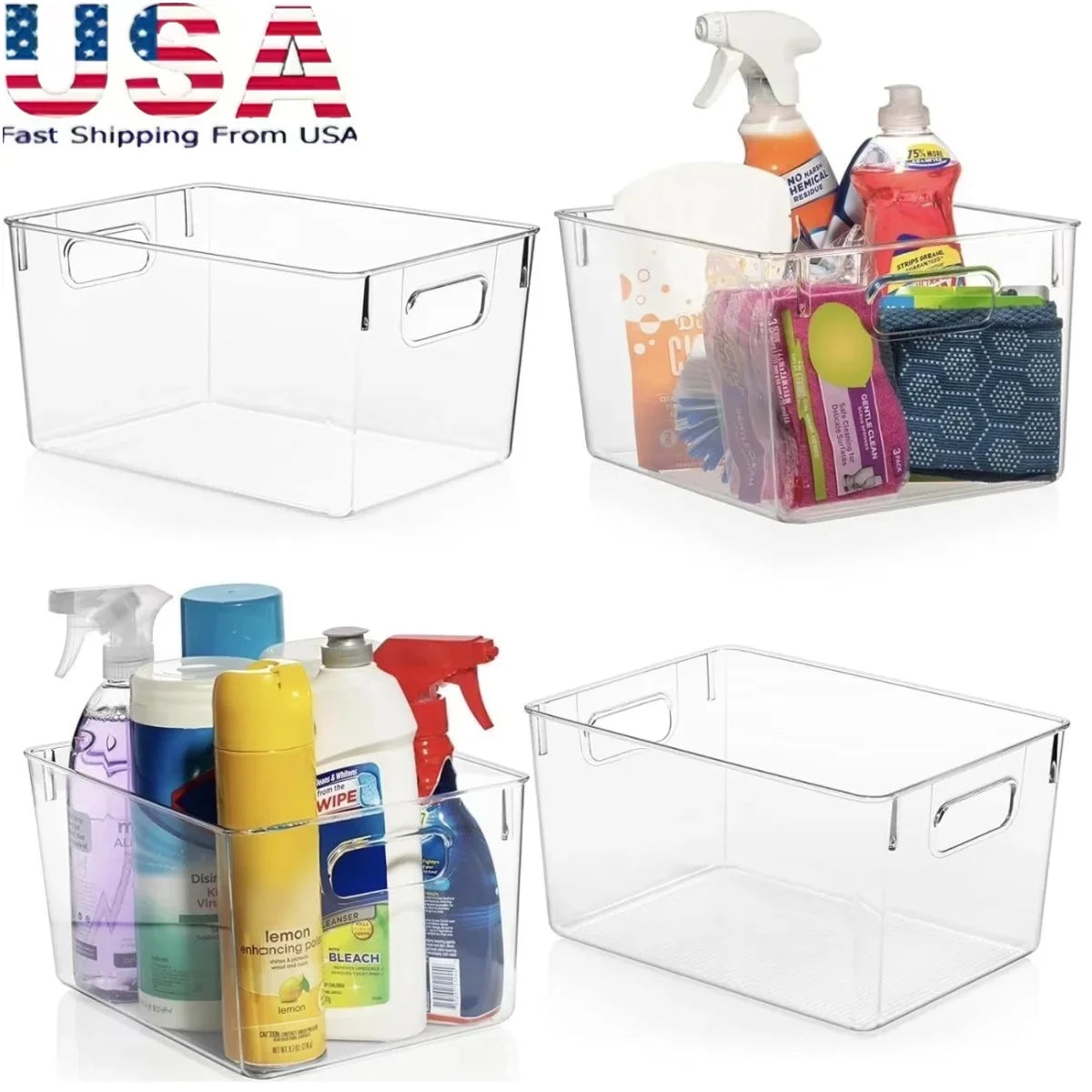 4-Pack Clear Pantry Organizer Bins, Stackable PET Plastic Storage Containers for Fridge, Cabinet, Kitchen and Home - product view 2