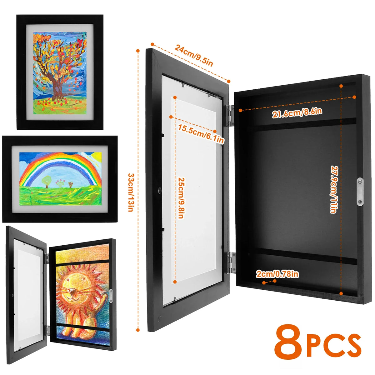 8-Piece Children's Art Display Frame Set, Wood Front-Opening Gallery Frames with 0.6-Inch Storage for Wall or Desk - product view 5