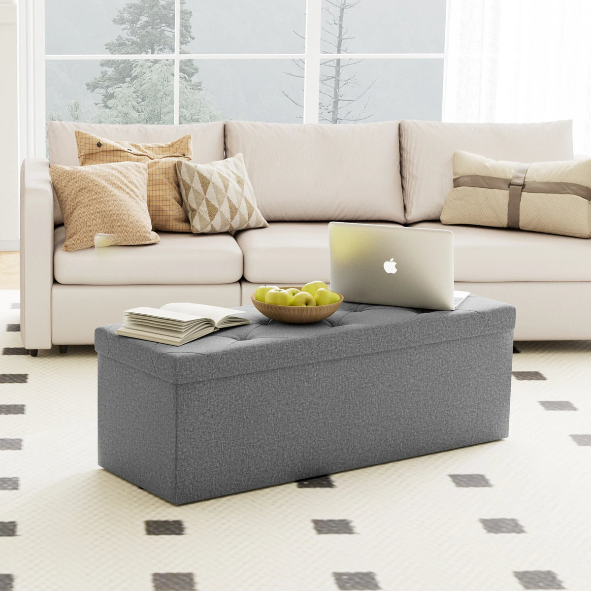 Folding Storage Ottoman Bench, Linen-Style Seat, Metal Frame, Hidden Storage Footstool in Small or Big Size - product view 3