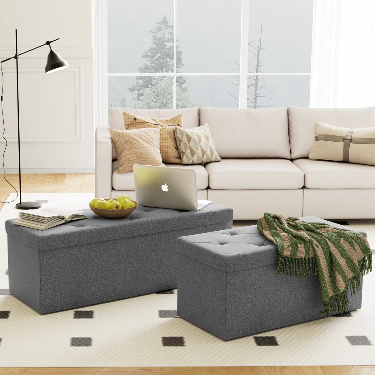 Folding Storage Ottoman Bench, Linen-Style Seat, Metal Frame, Hidden Storage Footstool in Small or Big Size - product view 4