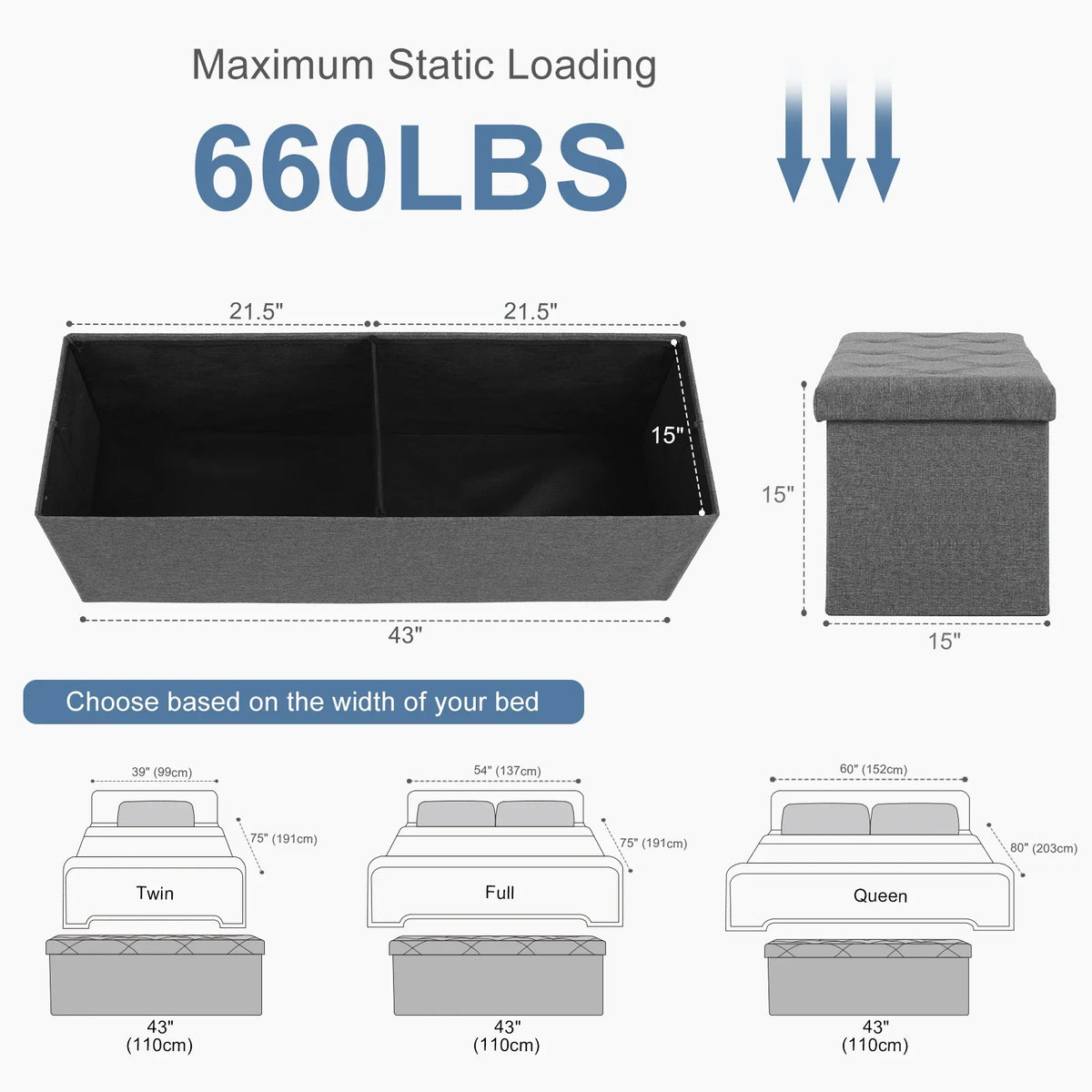 Folding Storage Ottoman Bench, Linen-Style Seat, Metal Frame, Hidden Storage Footstool in Small or Big Size - product view 5