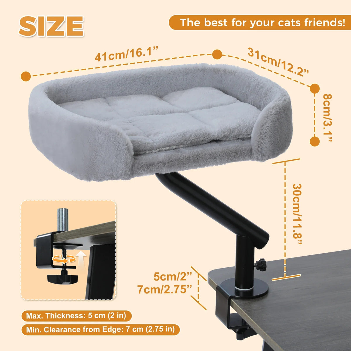 Rotating Cat Desk Bed, Adjustable Clamp-On Table Perch, Soft Plush Breathable Hammock, M Size, Supports up to 50 lb - product view 1