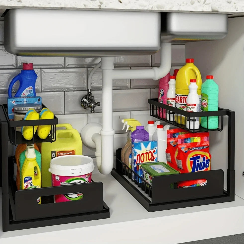 Pull Out Cabinet Organizer, Waterproof PP Slide-Out Drawer, 2-Tier Under Sink Storage Shelf for Kitchen and Bathroom - product view 2