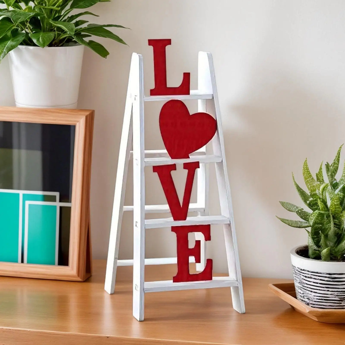 Decorative Ladder, Tabletop LOVE Valentine Ornament, White Plastic Accent for Coffee Table, Mantel or Desk - product view 2