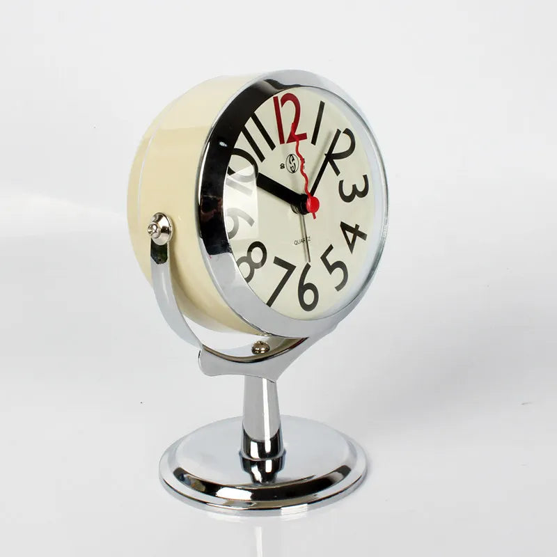 Metal Circular Mantel Clock, Compact Quartz-Style Bedside Timepiece in Beige or Red for Bedroom and Home Décor - product view 1
