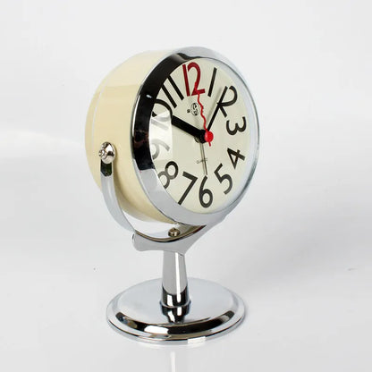 Metal Circular Mantel Clock, Compact Quartz-Style Bedside Timepiece in Beige or Red for Bedroom and Home Décor - product view 1