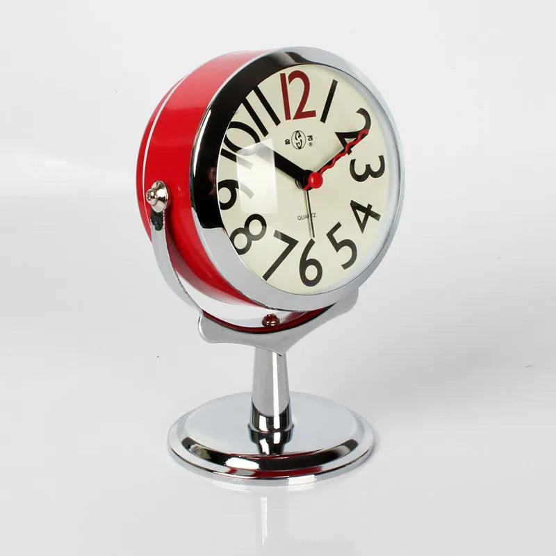 Metal Circular Mantel Clock, Compact Quartz-Style Bedside Timepiece in Beige or Red for Bedroom and Home Décor - product view 2
