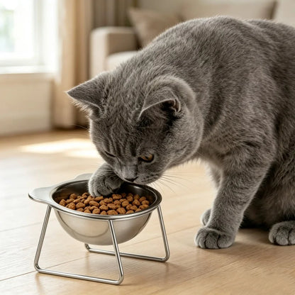 Tilted Stainless Steel Cat Bowl, 15° Angled Rounded Food and Water Dish with Removable Stand for Cats and Kittens - product view 2
