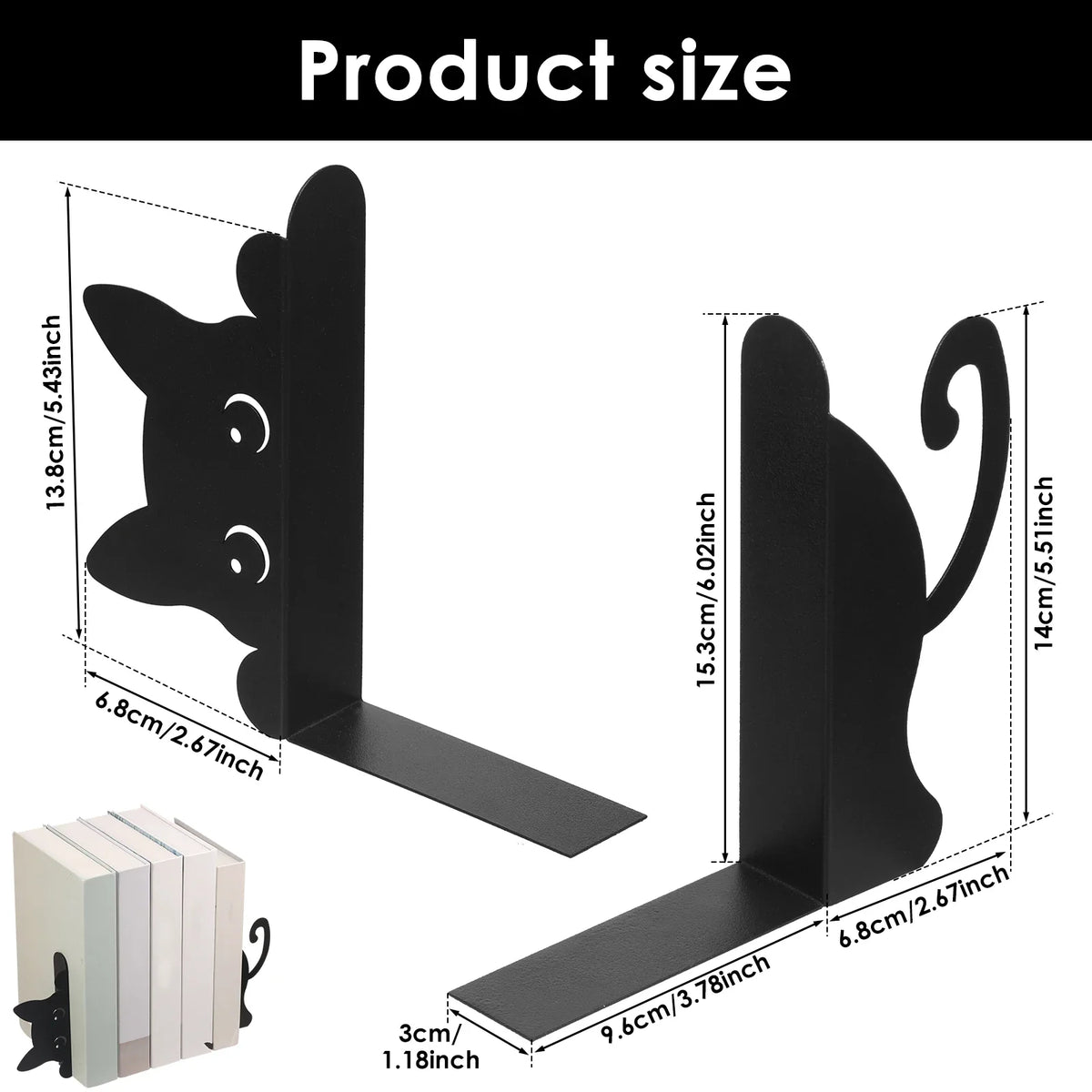 Cat-Shaped Metal Bookends, Decorative Iron Book Stops, Style A–D Pair Options for Home Library, Office and Desk Shelves - product view 1