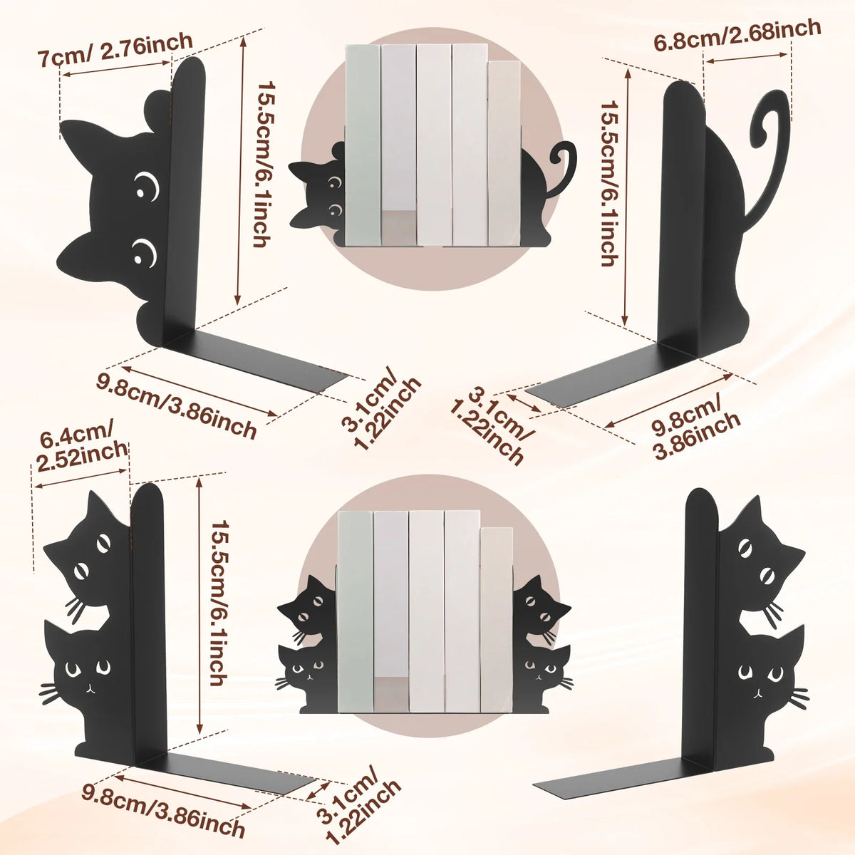Cat-Shaped Metal Bookends, Decorative Iron Book Stops, Style A–D Pair Options for Home Library, Office and Desk Shelves - product view 2