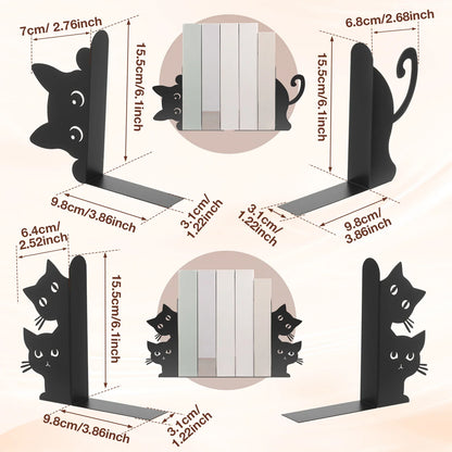 Cat-Shaped Metal Bookends, Decorative Iron Book Stops, Style A–D Pair Options for Home Library, Office and Desk Shelves - product view 2