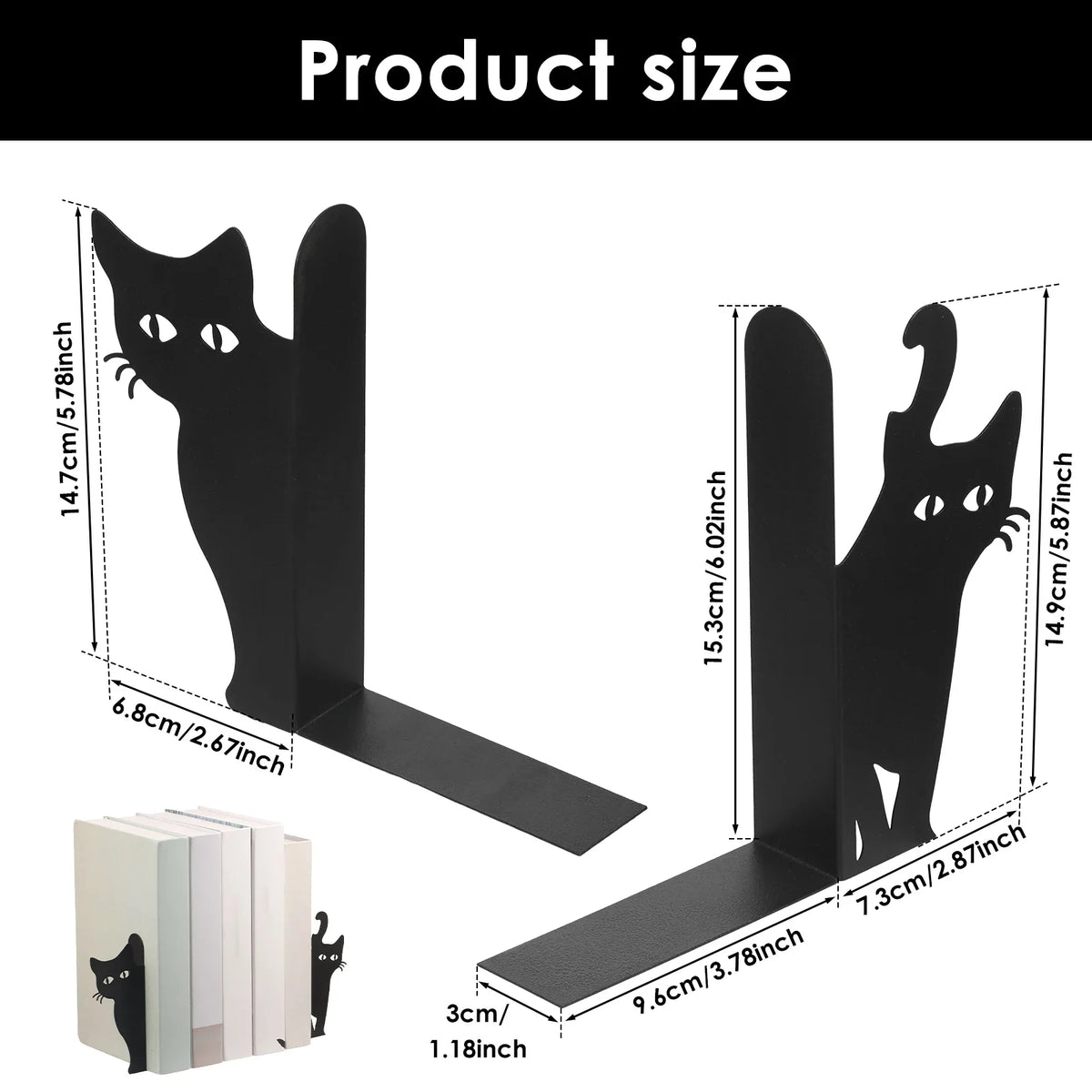 Cat-Shaped Metal Bookends, Decorative Iron Book Stops, Style A–D Pair Options for Home Library, Office and Desk Shelves - product view 3