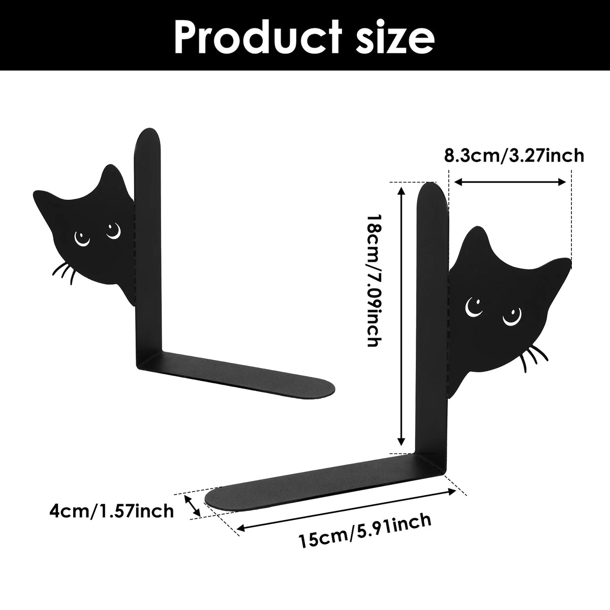Cat-Shaped Metal Bookends, Decorative Iron Book Stops, Style A–D Pair Options for Home Library, Office and Desk Shelves - product view 4