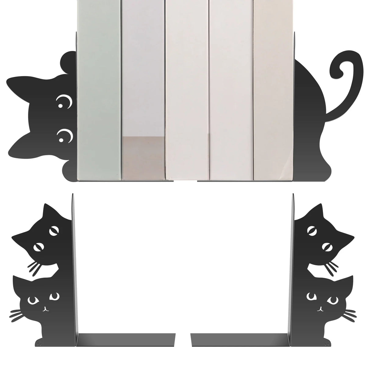 Cat-Shaped Metal Bookends, Decorative Iron Book Stops, Style A–D Pair Options for Home Library, Office and Desk Shelves - product view 5