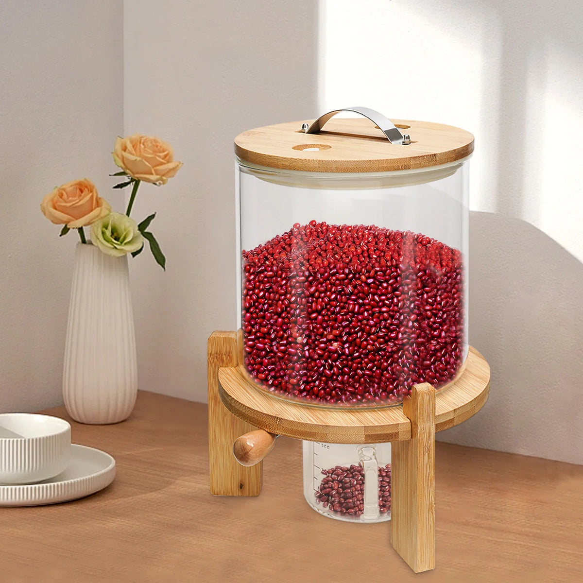 5L Airtight Cereal Container with Measuring Cup, Clear Grain Dispenser with Manual Flow Valve for Rice, Flour and Pet Food - product view 3