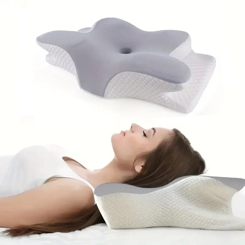 Memory Foam Neck Pillow, Butterfly-Shaped Rectangle Pillow with Solid Polyester Cover for Bedding, Gray or Sky Blue - product view 1