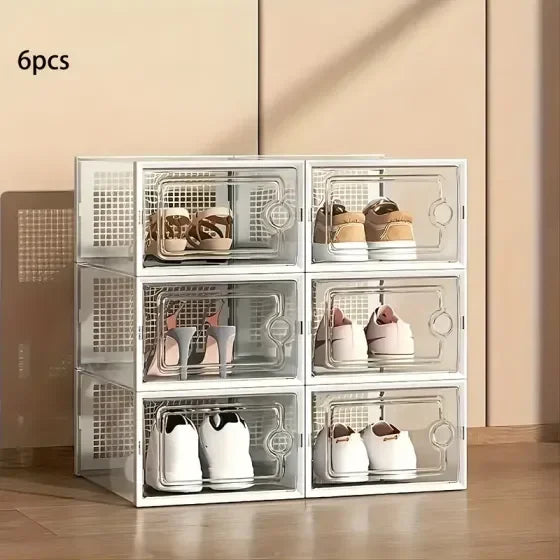 Stackable Transparent Shoe Storage Boxes, Foldable Glossy Plastic Cases, Dustproof Rectangle Organizers, 6- or 12-Piece Options - product view 1