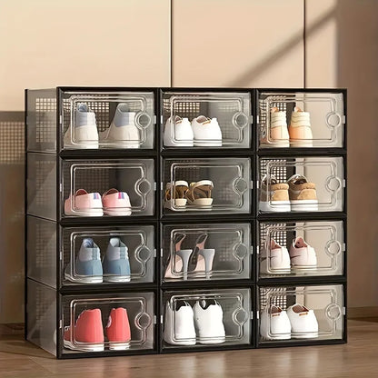 Stackable Transparent Shoe Storage Boxes, Foldable Glossy Plastic Cases, Dustproof Rectangle Organizers, 6- or 12-Piece Options - product view 2