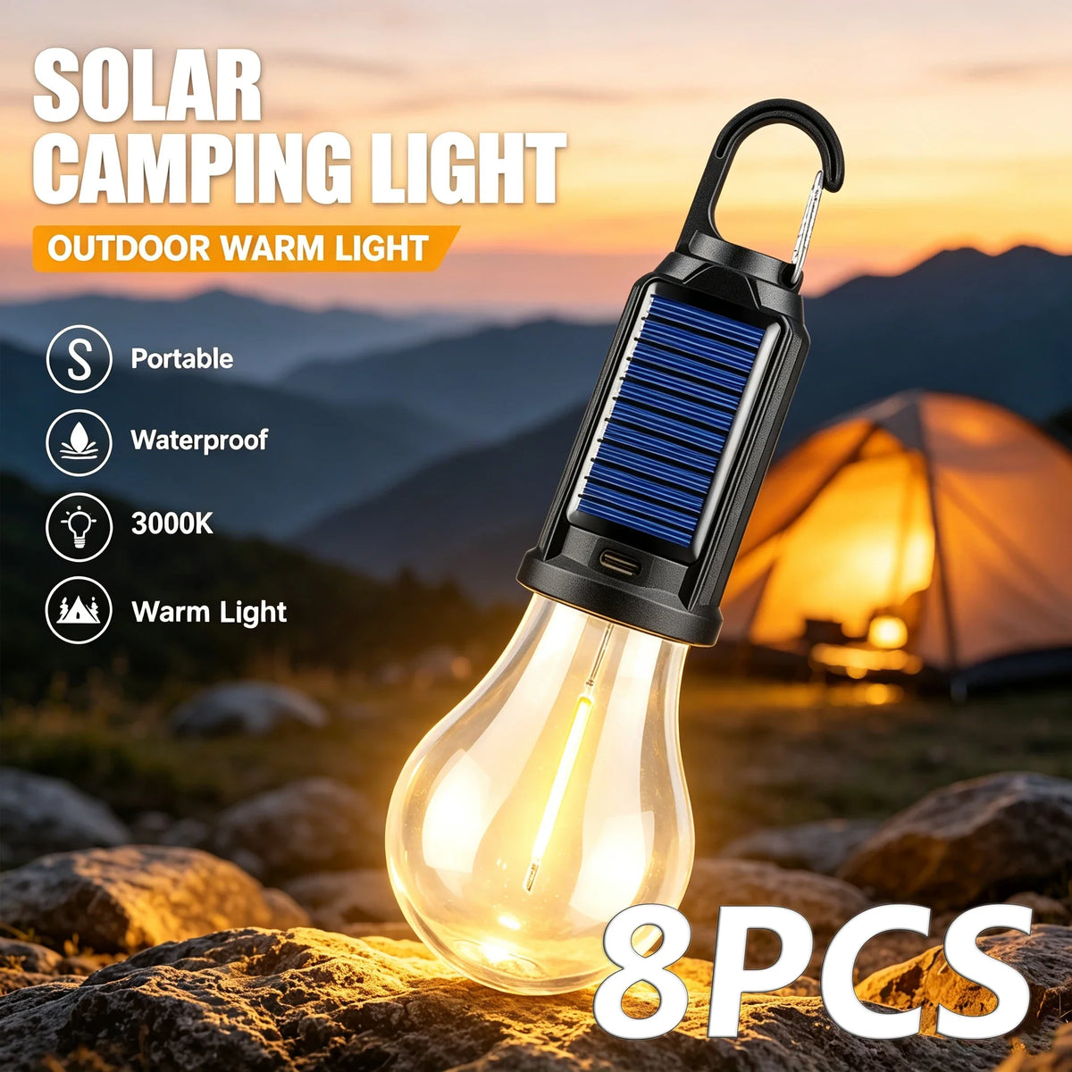 LED Lantern, USB Rechargeable Solar Camping Light, Warm Glow, Hanging Handle, 5V, 300mAh Battery, 8-Piece Set - product view 3