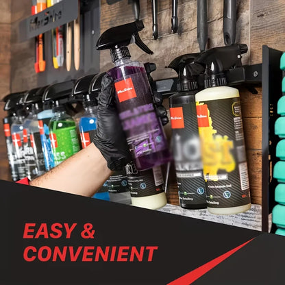 Wall-Mounted Iron Spray Bottle Holder, Lacquered Black Storage Rack with Multiple Compartments for Garage Cleaning Tools - product view 5