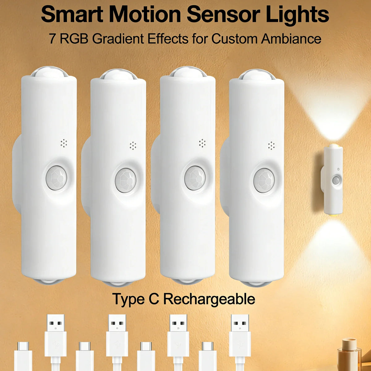 Rechargeable Motion Sensor Wall Sconce, Magnetic Install, Dimmable, 3-Color or 7-Color RGB, 4-Piece Set - product view 3