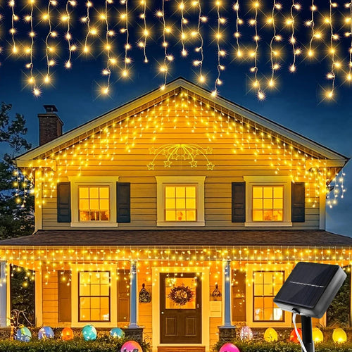 Solar String Lights, Warm White 162 LED Curtain Design, 8 Modes, Waterproof 3V Bead Lights for Garden and Holiday Décor - product view 1