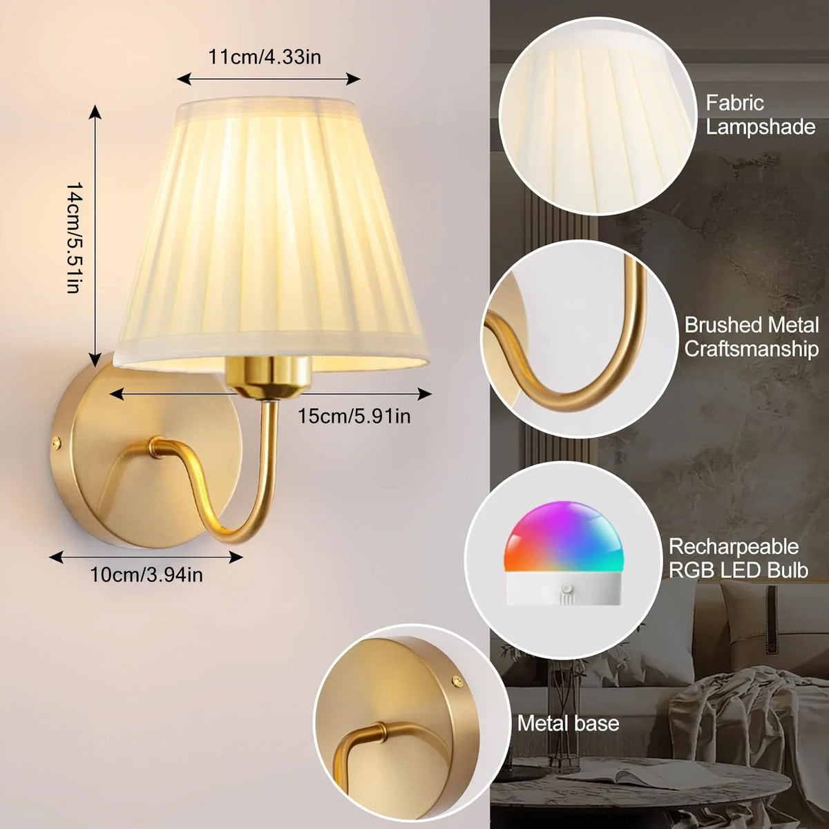 Battery-Operated Picture Light, Dimmable LED Wall Lamp with Remote and Touch Control, 15 Colors and Gold or Black Options - product view 4