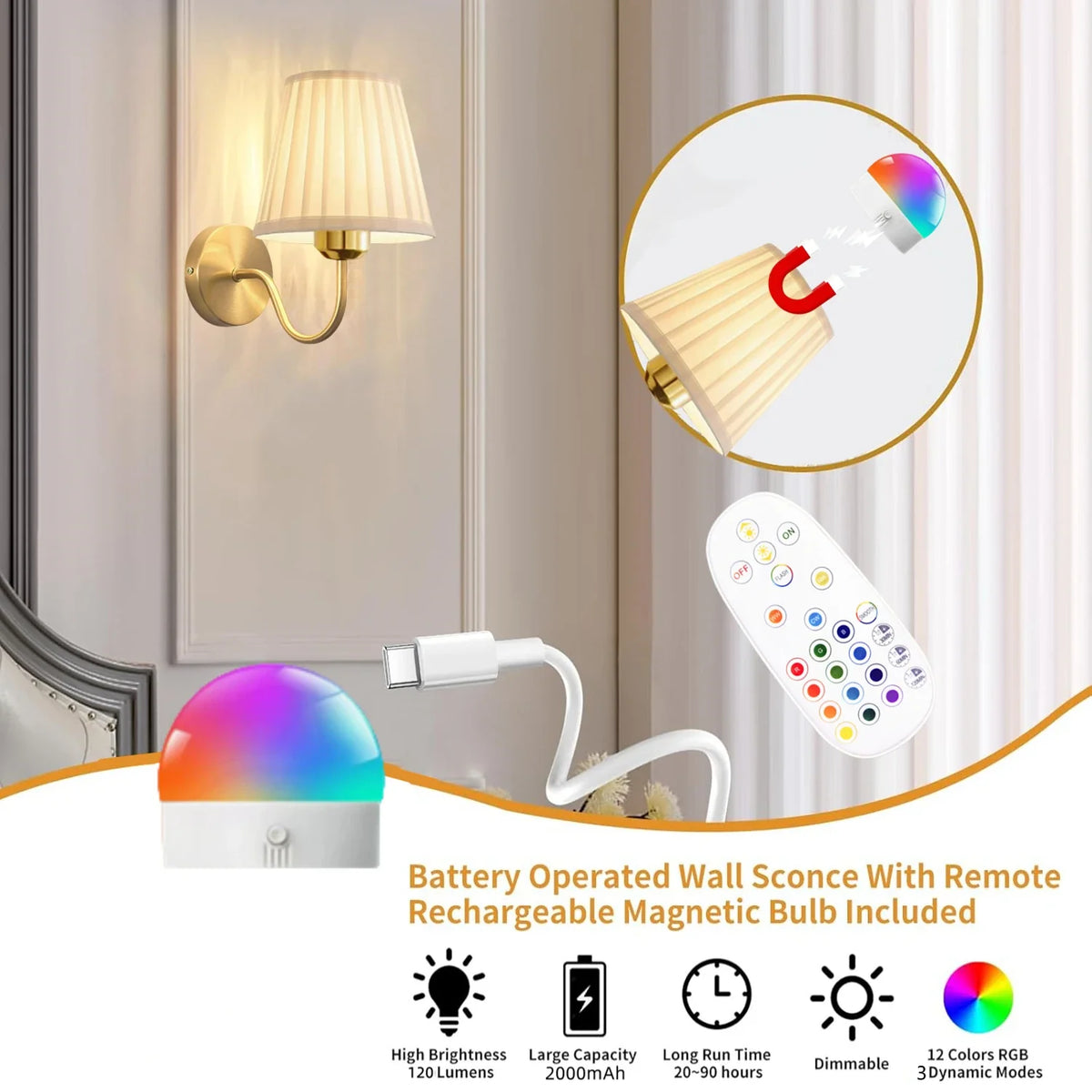 Battery-Operated Picture Light, Dimmable LED Wall Lamp with Remote and Touch Control, 15 Colors and Gold or Black Options - product view 5