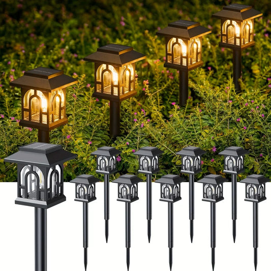 10-Pack Solar Pathway Lights, Waterproof ABS LED Filament Lamps with Retro House Design for Garden, Lawn and Walkways - product view 1