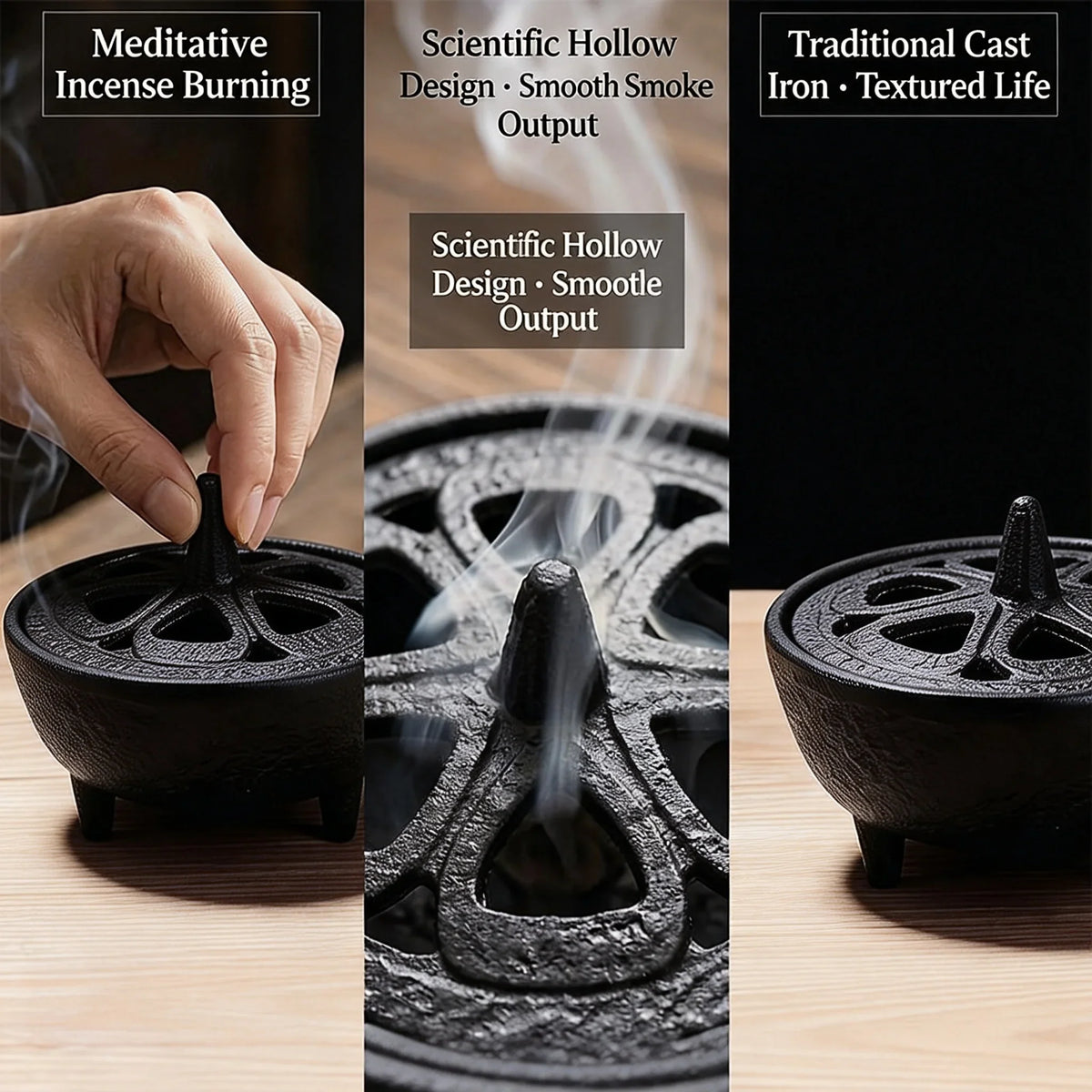 Small Cast Iron Incense Burner with Lid, Metal Bowl Holder for Sticks, Resin and Cone Incense Home Décor - product view 2