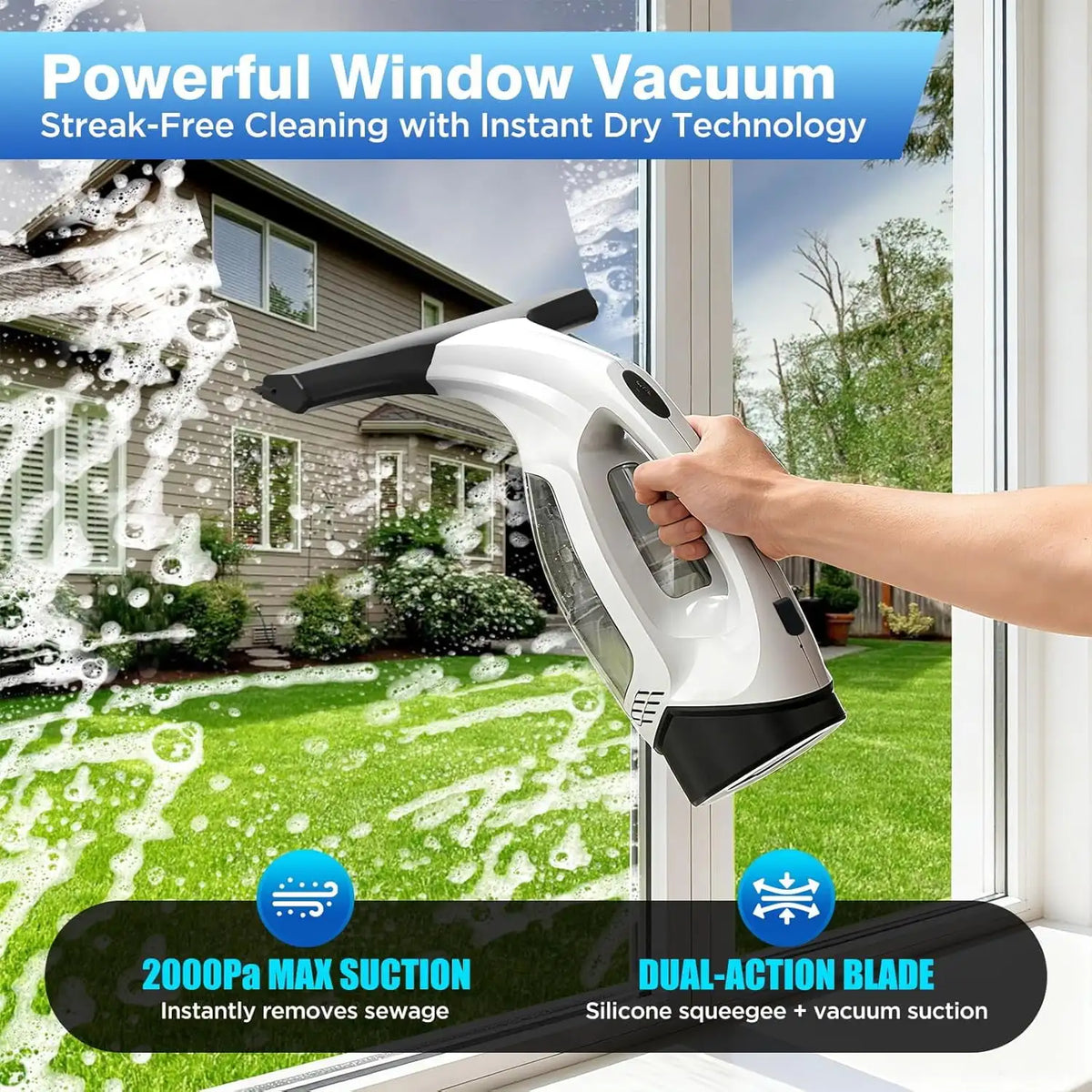Cordless Window Vacuum Squeegee, 2000Pa Suction, 2200mAh Battery, 150mL Tank, 280mm Blade for Glass and Tiles - product view 2