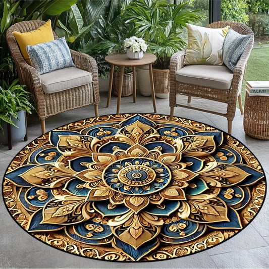 Round Outdoor Rug, Printed Mandala Design, Anti-Slip PVC Backing, Flannel and Sponge Mat for Patio, Balcony and Bathroom - product view 1