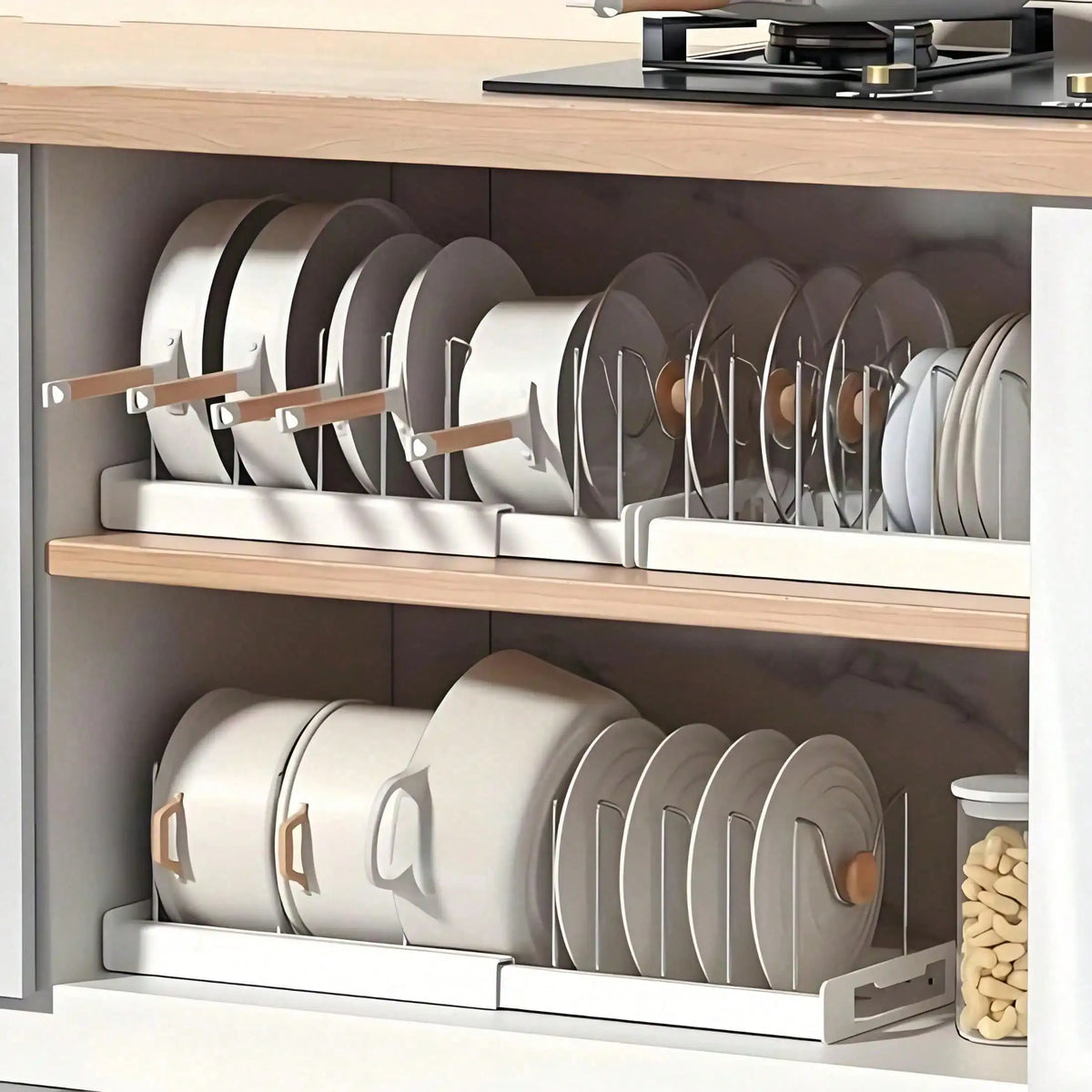 Pull-Out Pot Lid Organizer, Adjustable 8-Compartment Plastic Cabinet Rack for Pots, Pans and Lids, Kitchen Storage in Black, White or Grey - product view 2