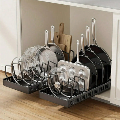 Pull-Out Pot Lid Organizer, Adjustable 8-Compartment Plastic Cabinet Rack for Pots, Pans and Lids, Kitchen Storage in Black, White or Grey - product view 3