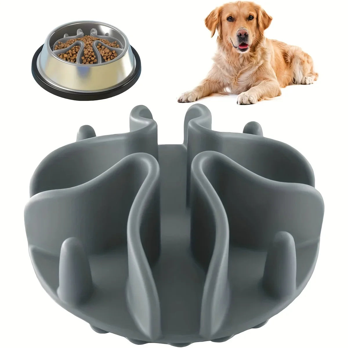 Silicone Slow Feeder Dog Bowl Insert, Compact Round Feeding Aid, Grey, 10cm, 12cm or 14cm Sizes for Pets - product view 2