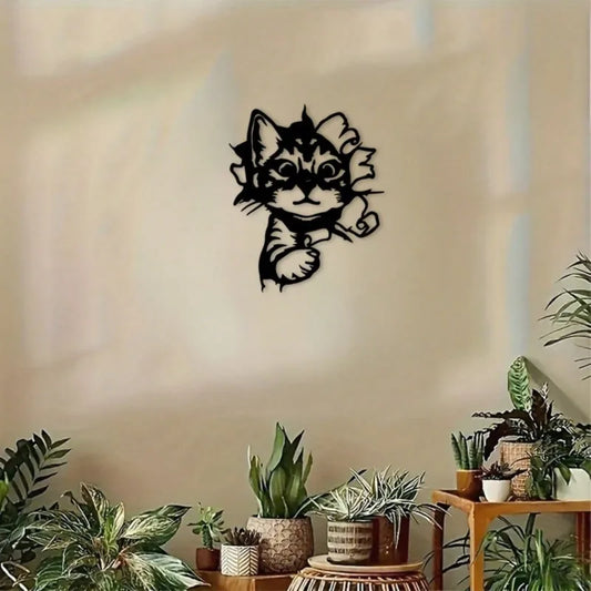 Black Iron Cat Wall Art, Metal Animal Sculpture for Living Room Décor, Cute Pet Lover Gift and Indoor Accent - product view 1