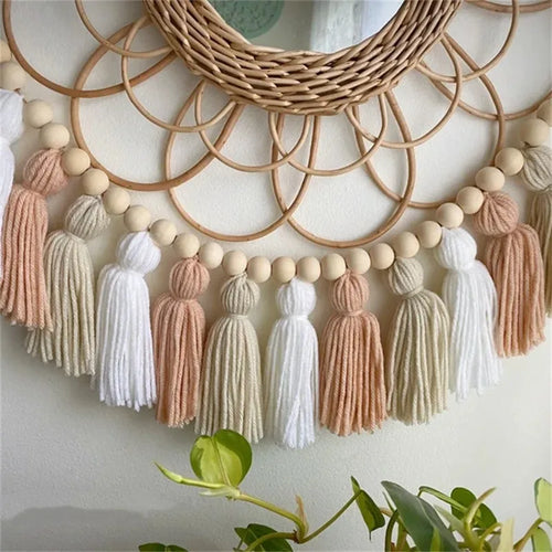 Pink Tassel Garland with Wood Beads, Korean-Style Wall Hanging for Nursery, Bedroom, Party and Boho Decor - product view 1