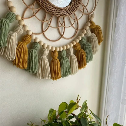Pink Tassel Garland with Wood Beads, Korean-Style Wall Hanging for Nursery, Bedroom, Party and Boho Decor - product view 4