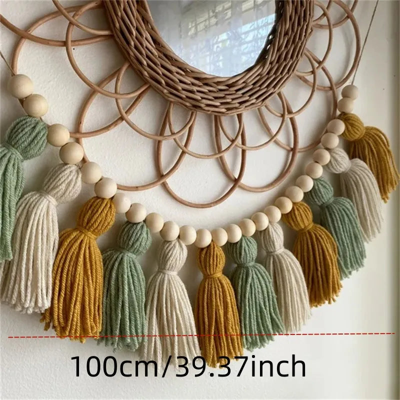 Pink Tassel Garland with Wood Beads, Korean-Style Wall Hanging for Nursery, Bedroom, Party and Boho Decor - product view 5