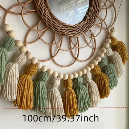 Pink Tassel Garland with Wood Beads, Korean-Style Wall Hanging for Nursery, Bedroom, Party and Boho Decor - product view 5