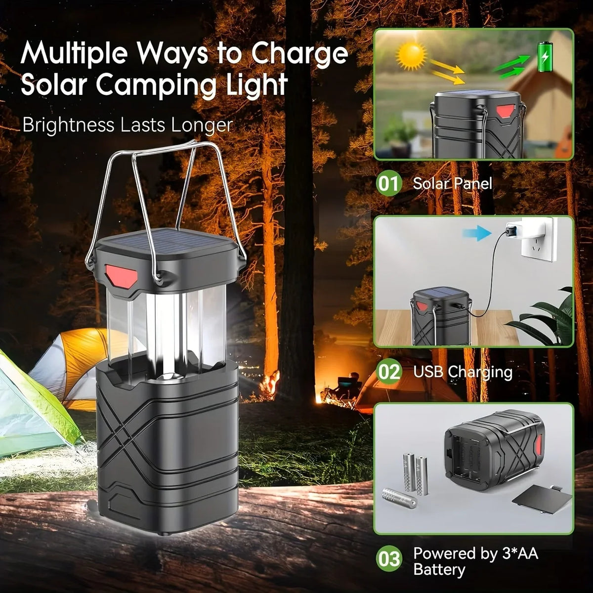 Rechargeable LED Camping Lantern, 600 Lumens, 3 Brightness Settings, USB Output, Collapsible, 2-Pack or 4-Pack - product view 4